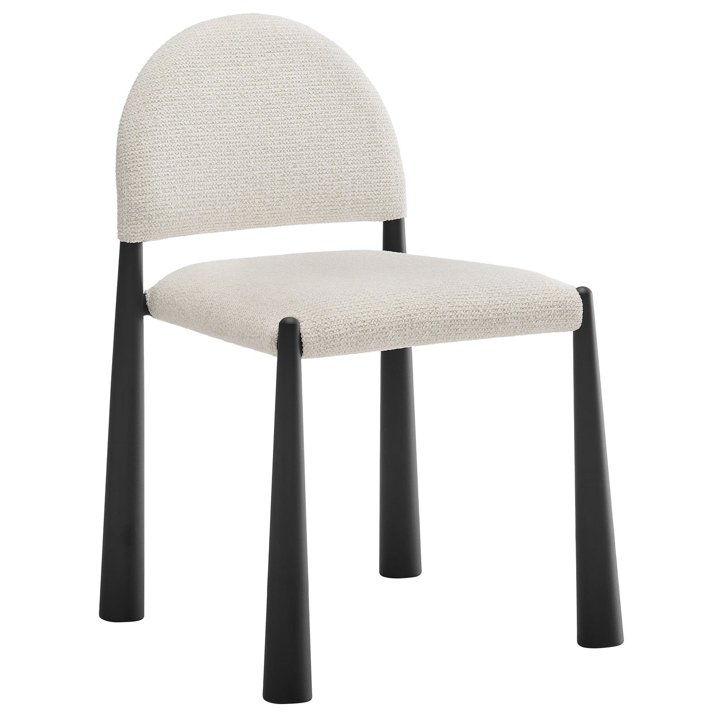 Cream upholstered dining chair with rounded back, black tapered legs, modern armless design.