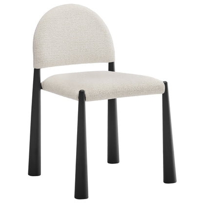 Cream upholstered dining chair with rounded back, black tapered legs, modern armless design.
