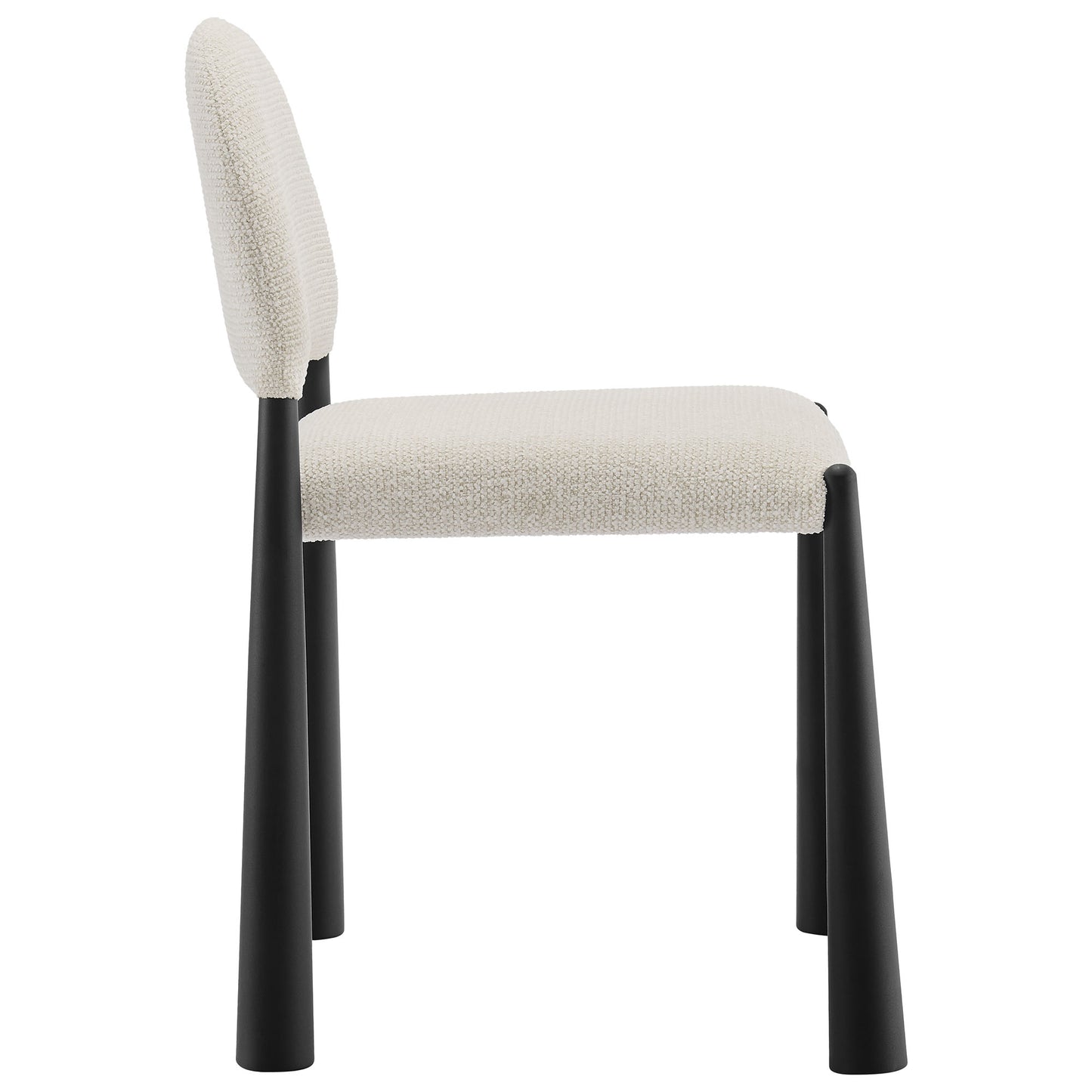 Cream boucle upholstered dining chair with black tapered legs and rounded back, armless.