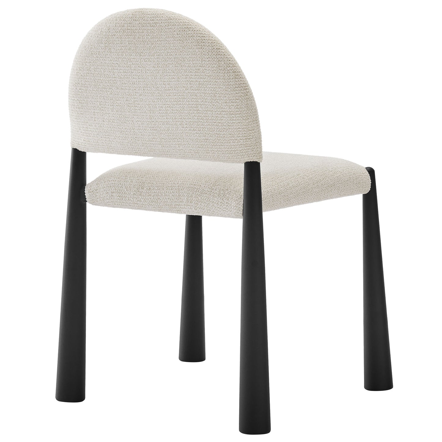 Cream textured upholstered armless dining chair with curved back and black tapered legs.