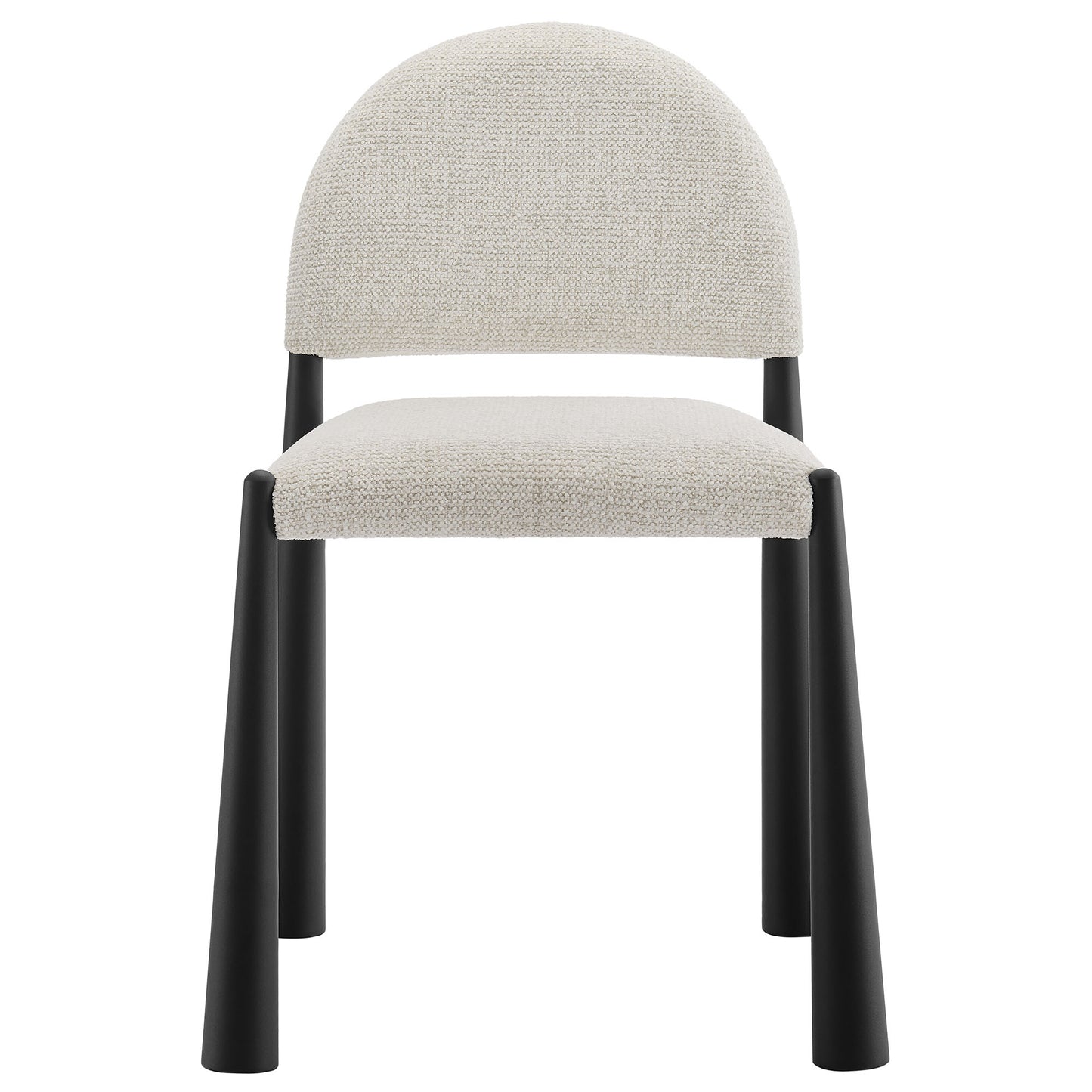White upholstered fabric dining chair with rounded back and black cylindrical legs, modern minimalist style.