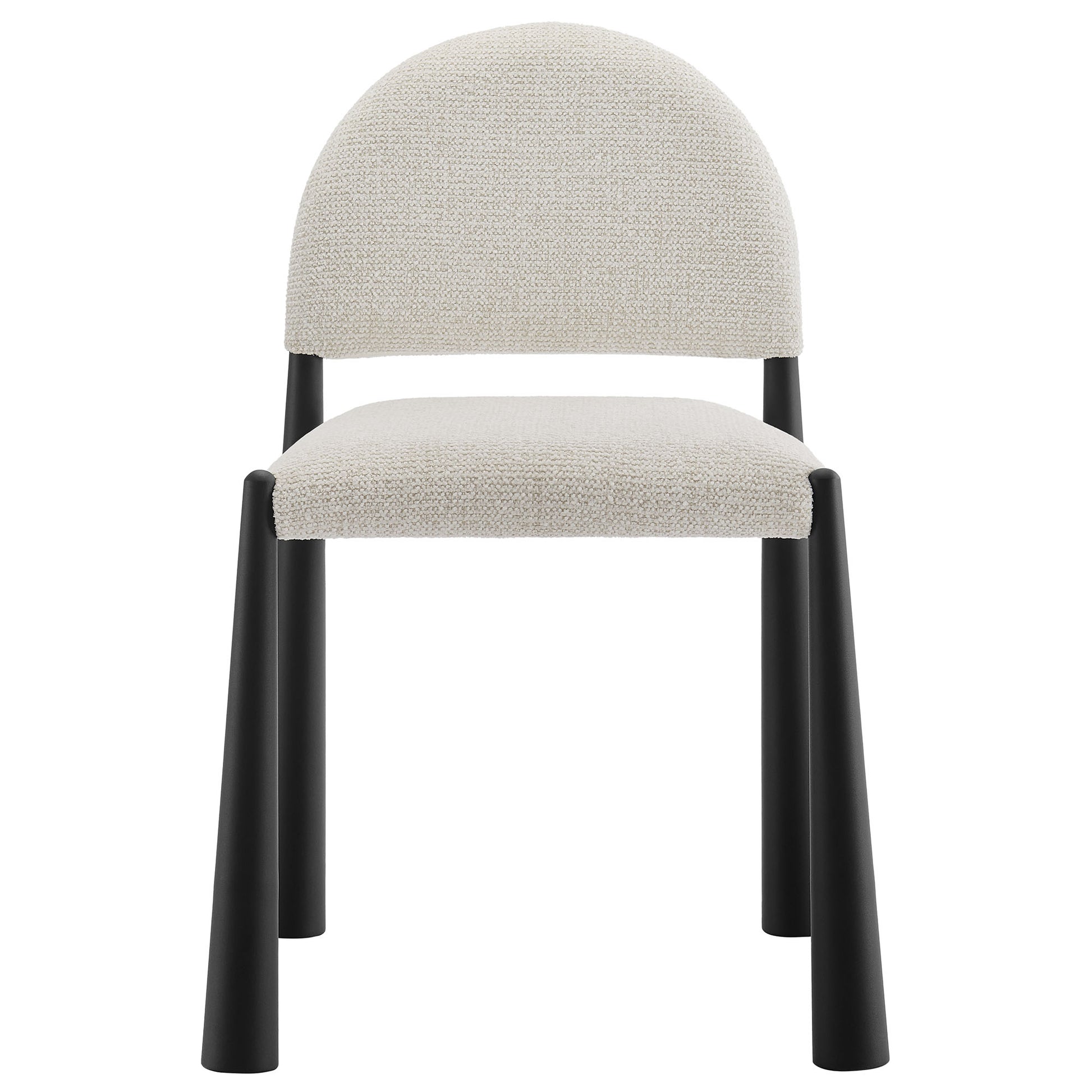 White upholstered fabric dining chair with rounded back and black cylindrical legs, modern minimalist style.