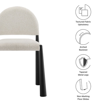 White textured fabric upholstered dining side chair with arched back, black tapered metal legs and non-marking floor glides.