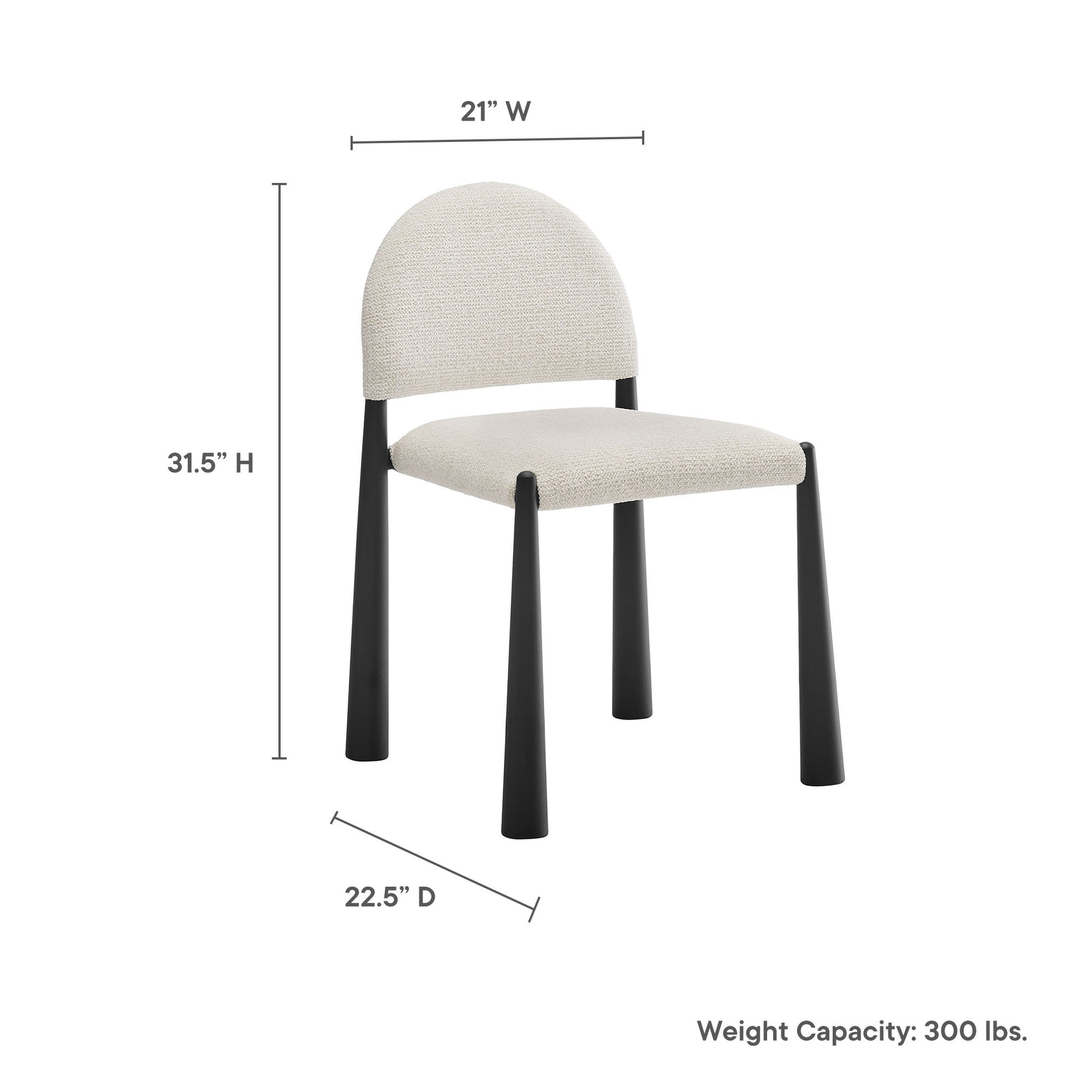Beige upholstered dining chair with curved back, black tapered legs; 21 in W x 31.5 in H x 22.5 in D, 300 lb capacity.