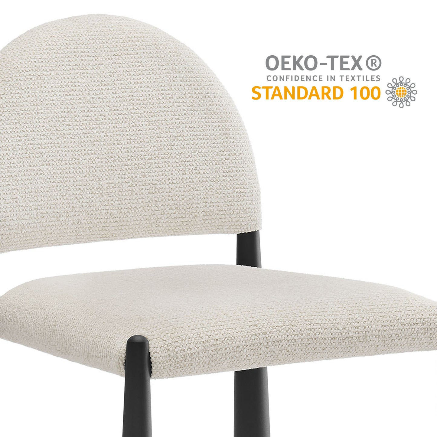 Cream textured fabric dining chair with rounded back and black metal legs; OEKO-TEX Standard 100.