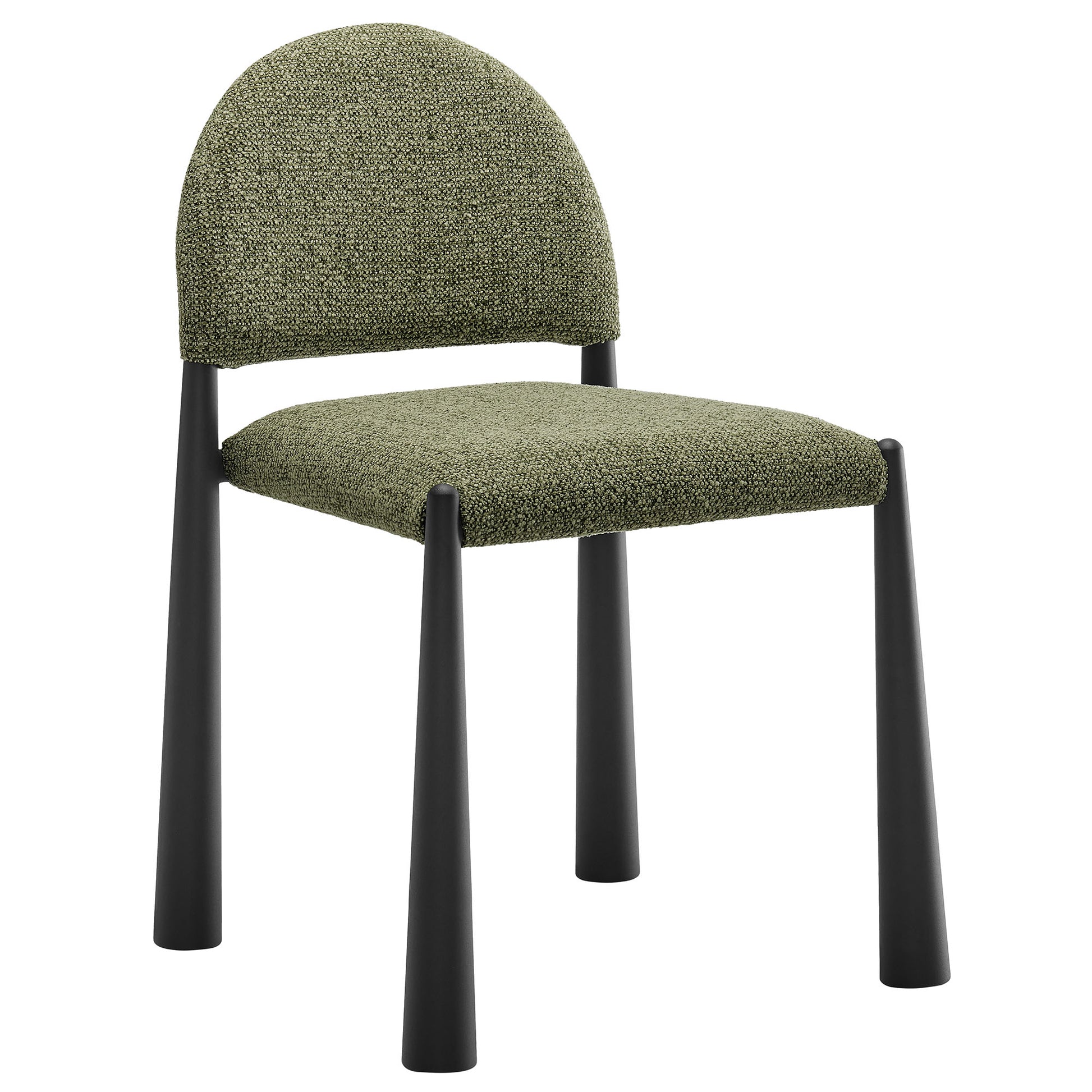 Olive green tweed dining chair with rounded back, cushioned seat and black tapered legs.