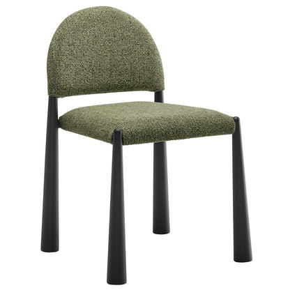 Olive green tweed dining chair with rounded back, cushioned seat and black tapered legs.