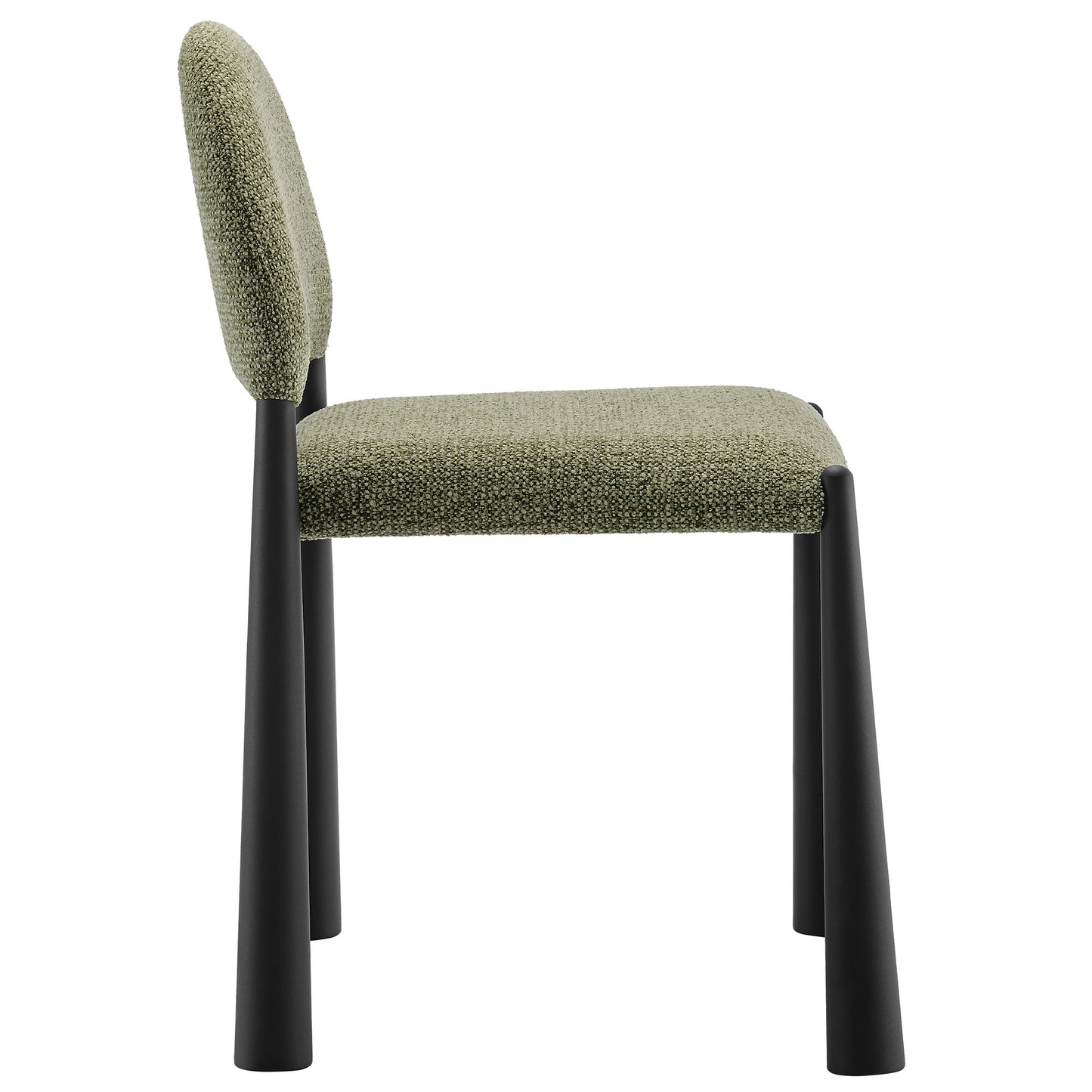 Olive green textured fabric dining chair with black tapered legs and a curved backrest, modern.