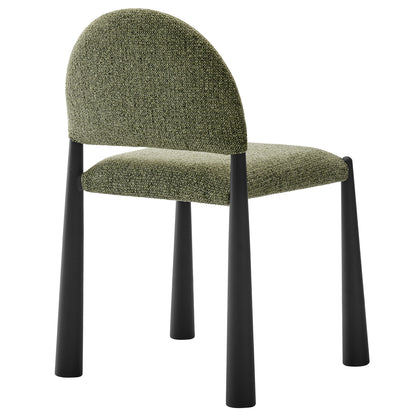 Olive-green boucle upholstered dining side chair with curved backrest and black tapered legs, mid-century modern style.