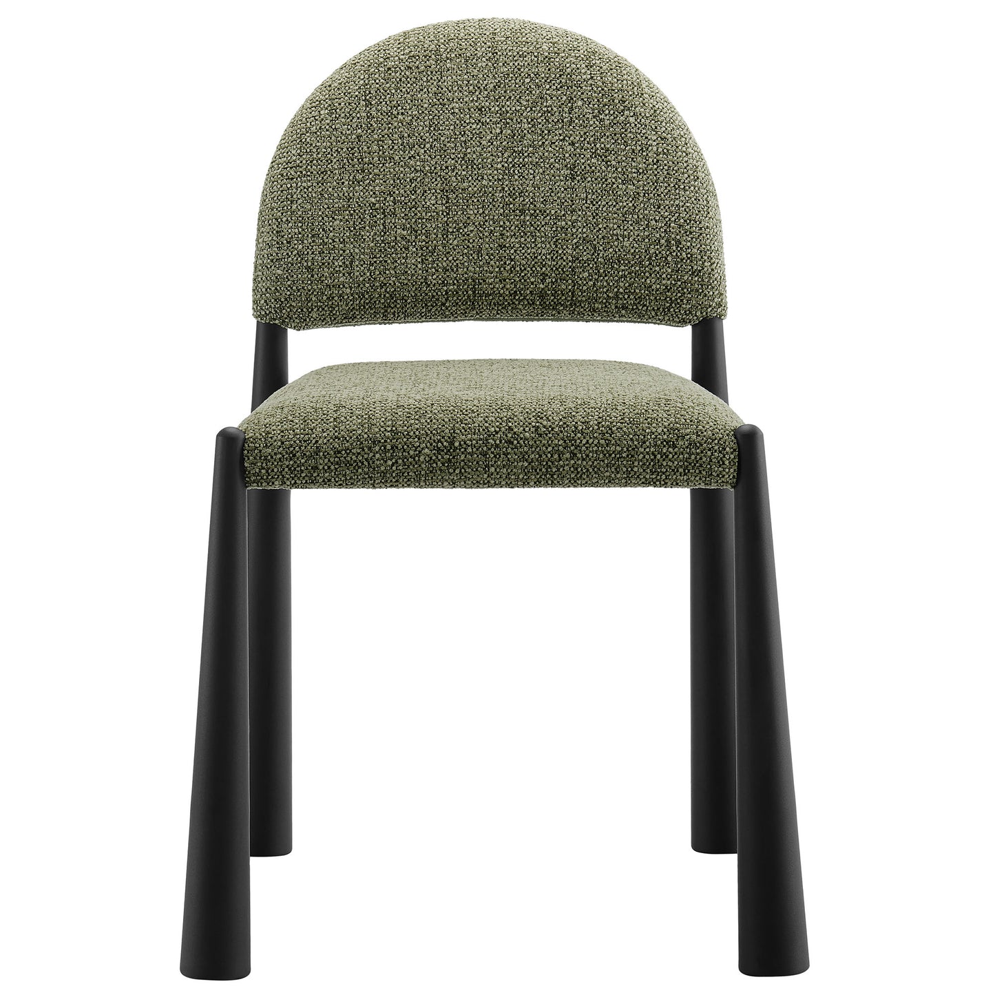 Textured olive-green upholstered dining chair with rounded back and black tapered legs.