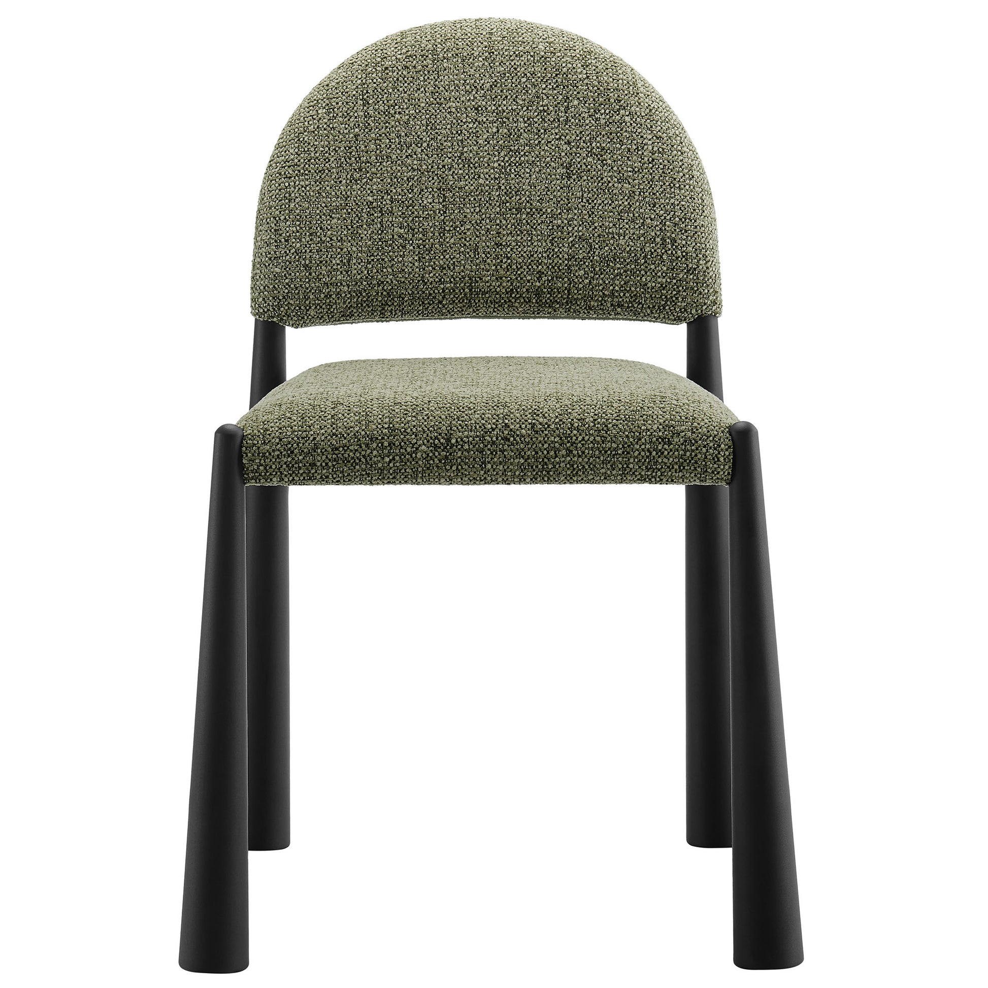 Textured olive-green upholstered dining chair with rounded back and black tapered legs.