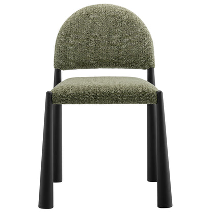 Textured olive-green upholstered dining chair with rounded back and black tapered legs.