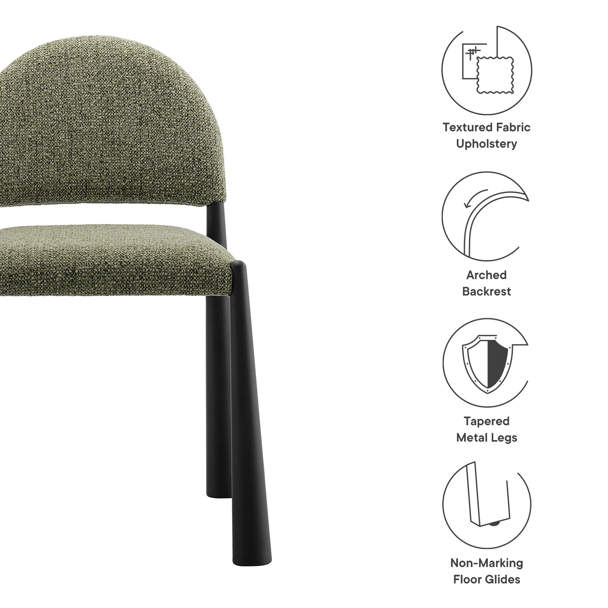 Olive-green textured fabric upholstered chair with rounded backrest and black tapered metal legs.