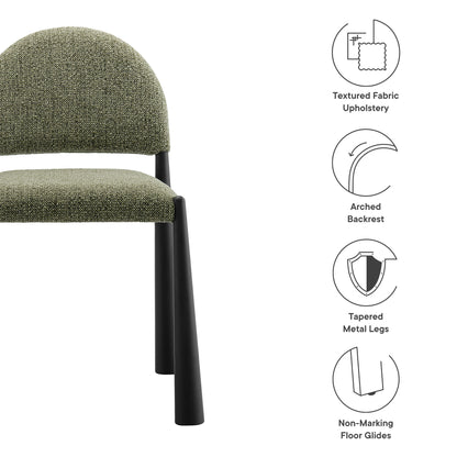 Olive-green textured fabric upholstered chair with rounded backrest and black tapered metal legs.