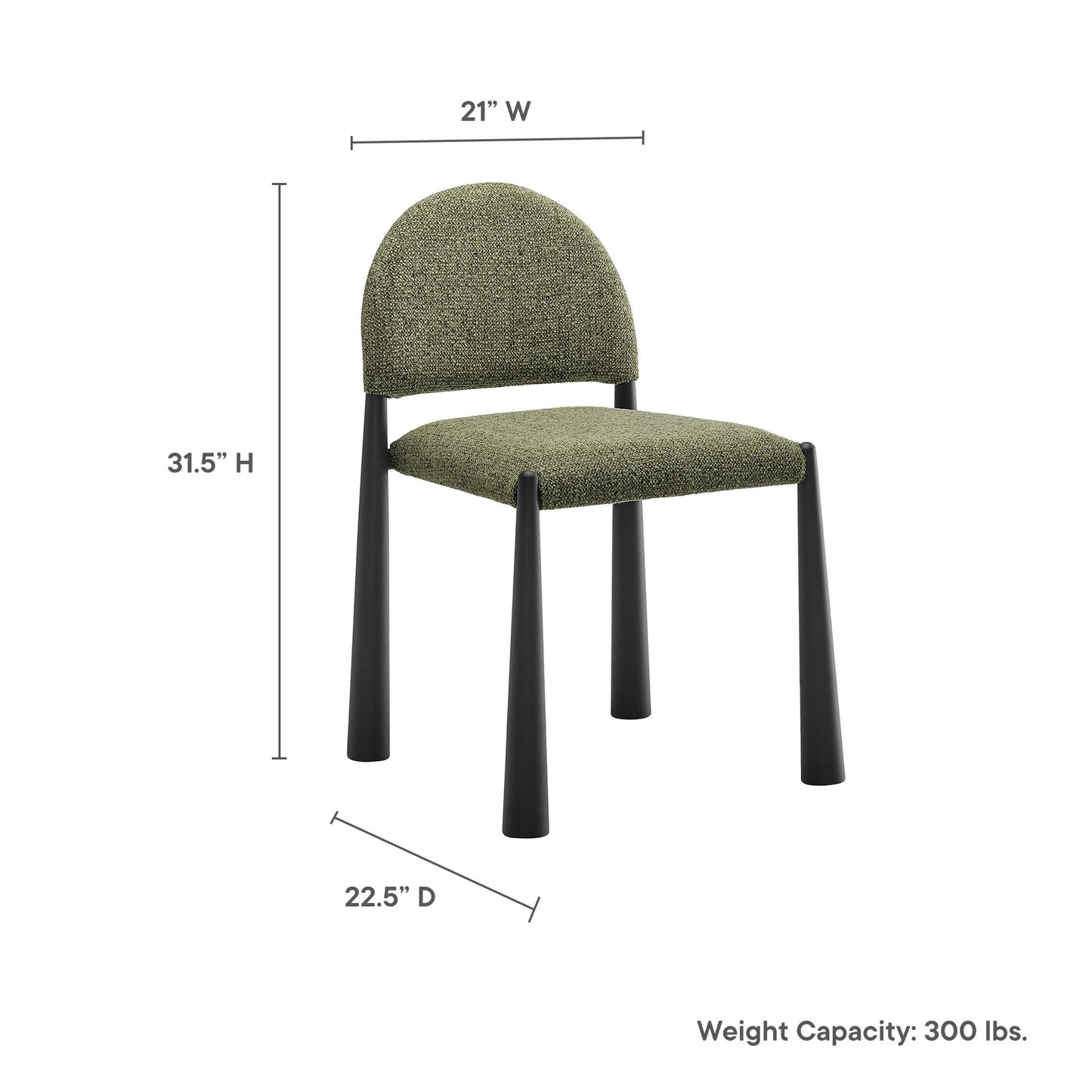 Olive-green fabric armless dining chair with rounded back and black tapered legs; modern, comfortable seating.
