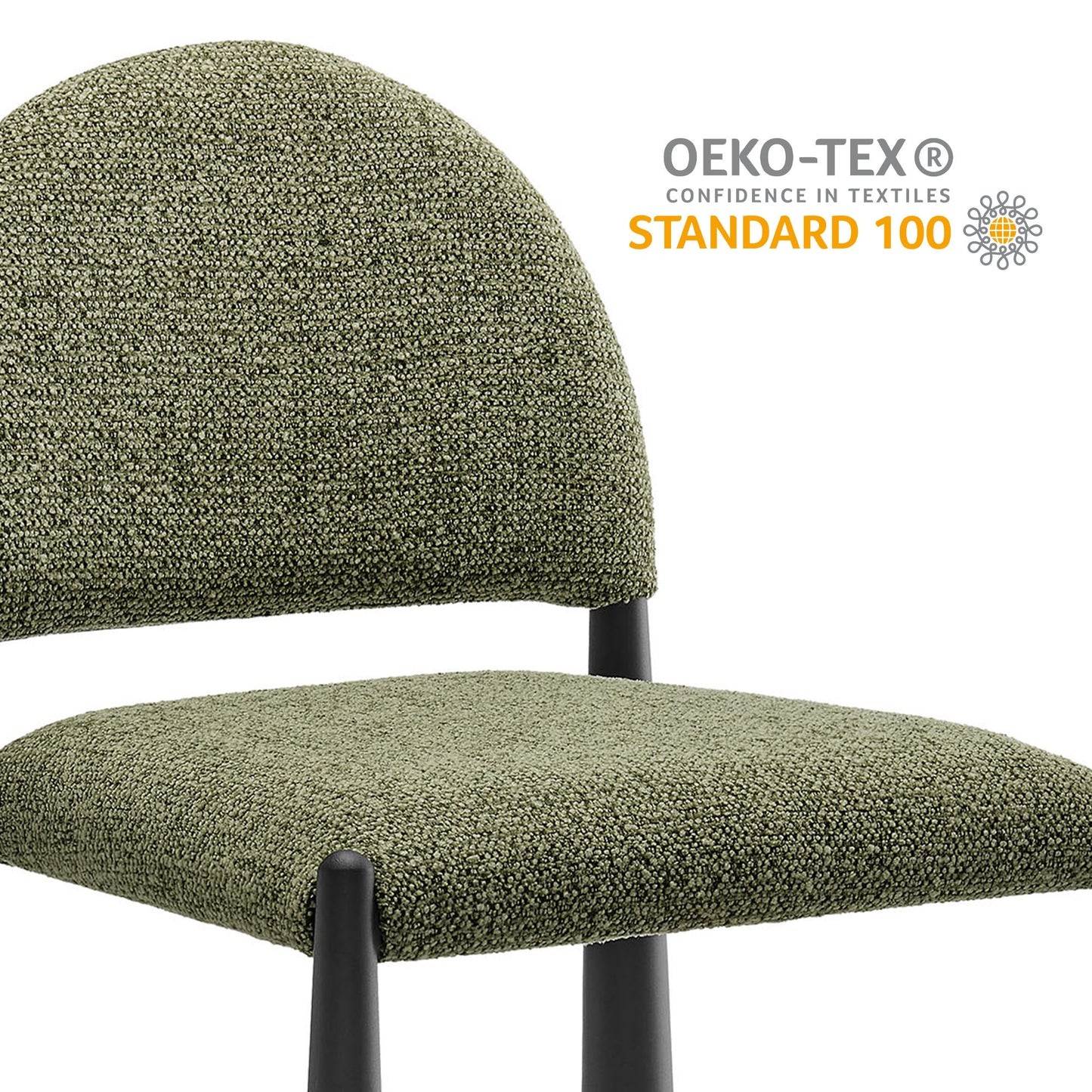 Olive green boucle chair with rounded back and black metal legs, mid-century style.