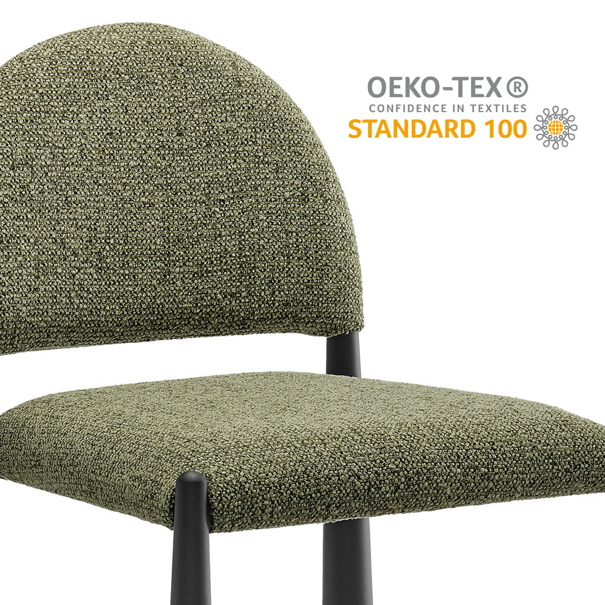 Olive green boucle chair with rounded back and black metal legs, mid-century style.