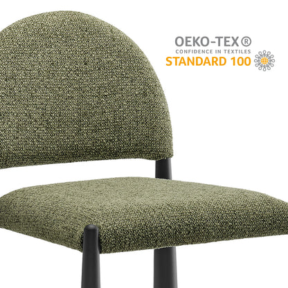 Olive green boucle chair with rounded back and black metal legs, mid-century style.