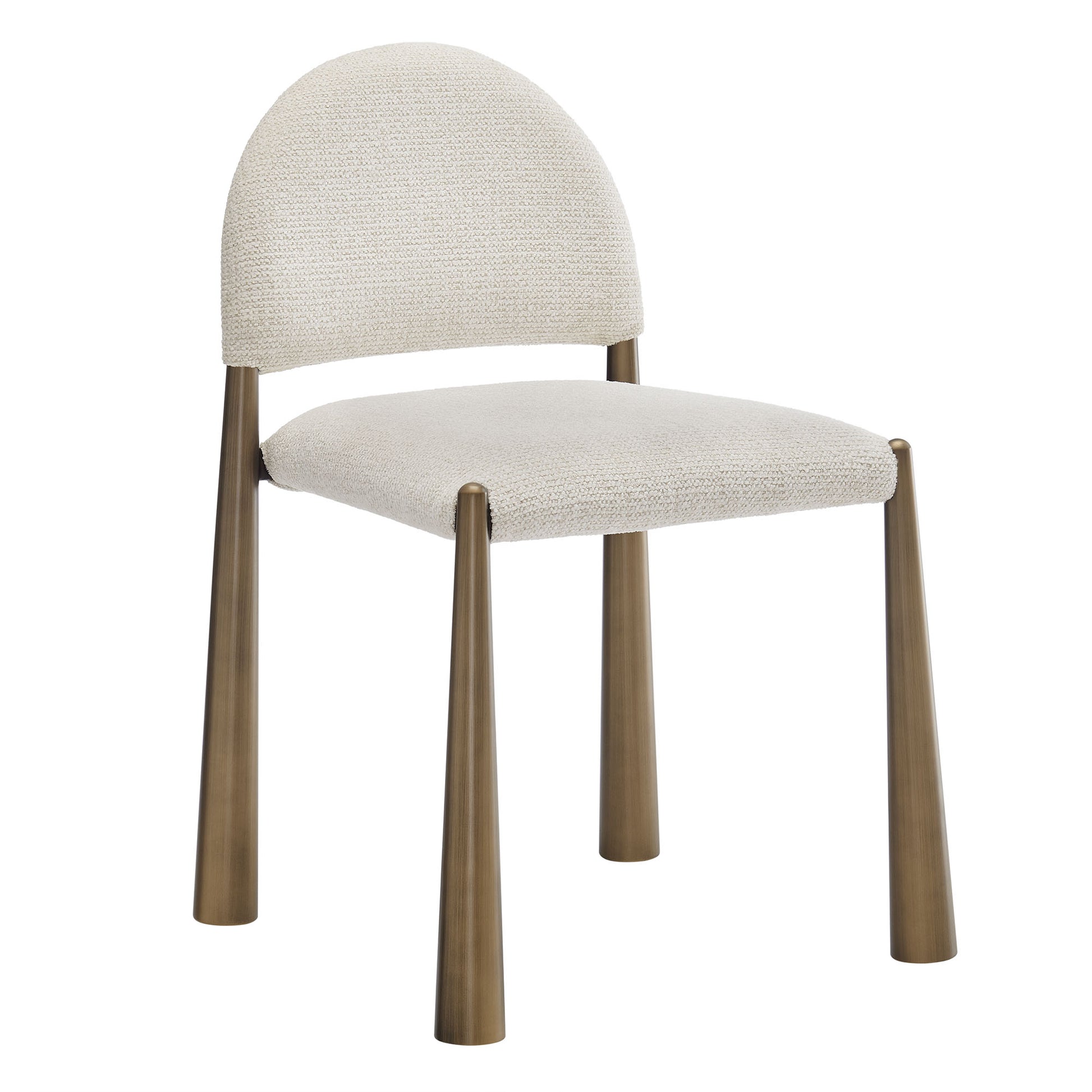 Cream fabric upholstered dining side chair with rounded back & tapered brass-brown legs, mid-century modern.
