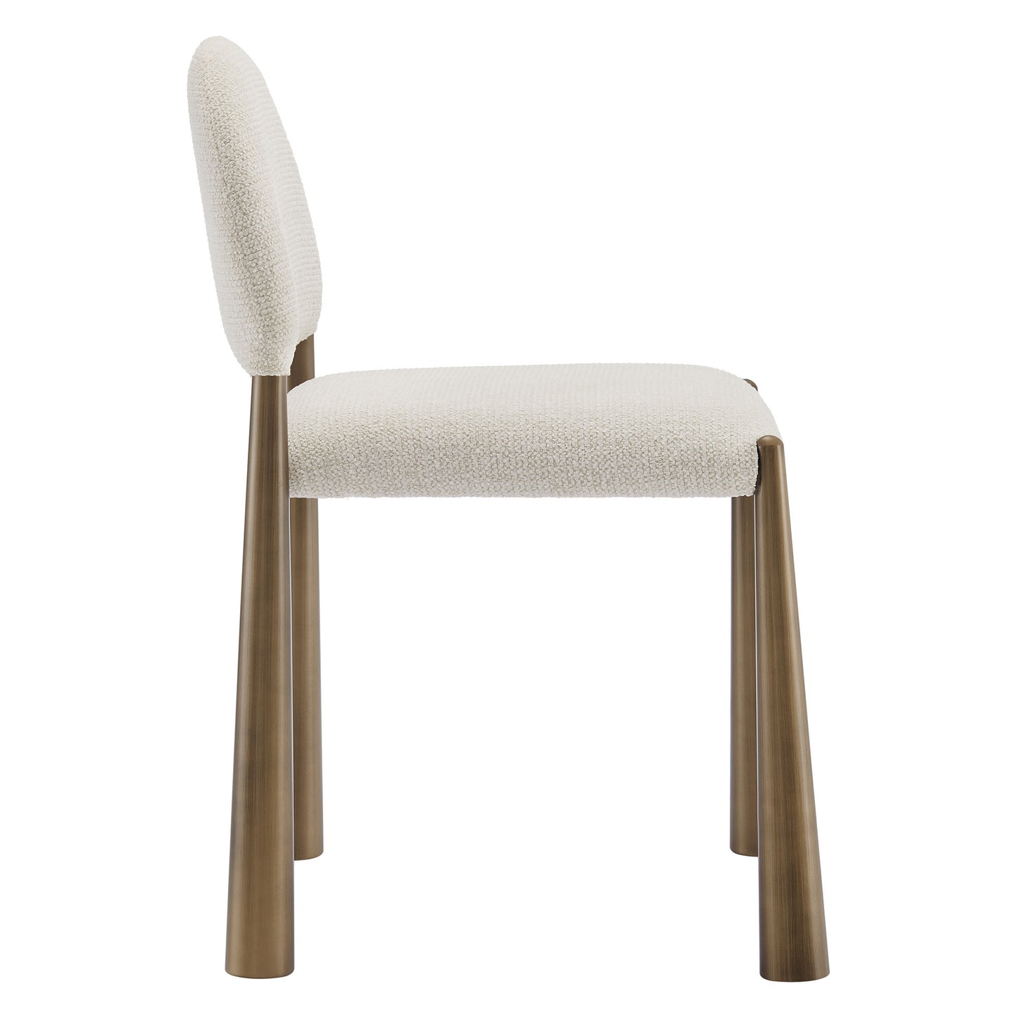 Cream fabric upholstered dining chair with brass-finished wooden tapered legs and a curved backrest.