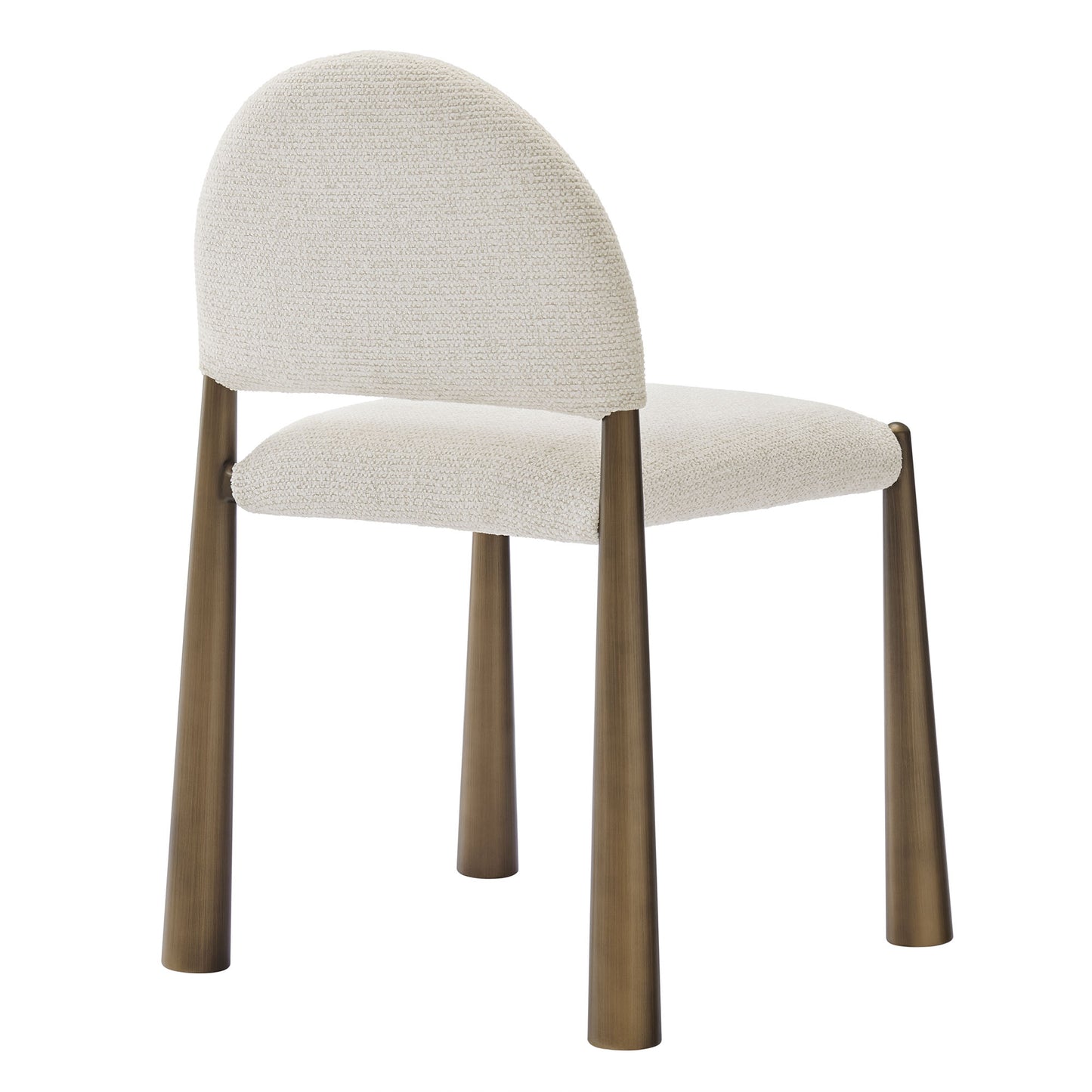 Cream woven fabric dining chair with rounded back, dark wood tapered legs, mid-century modern design.