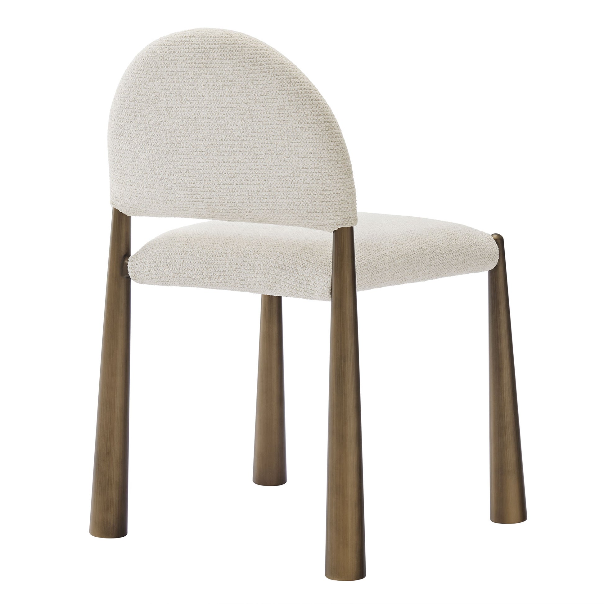 Cream woven fabric dining chair with rounded back, dark wood tapered legs, mid-century modern design.