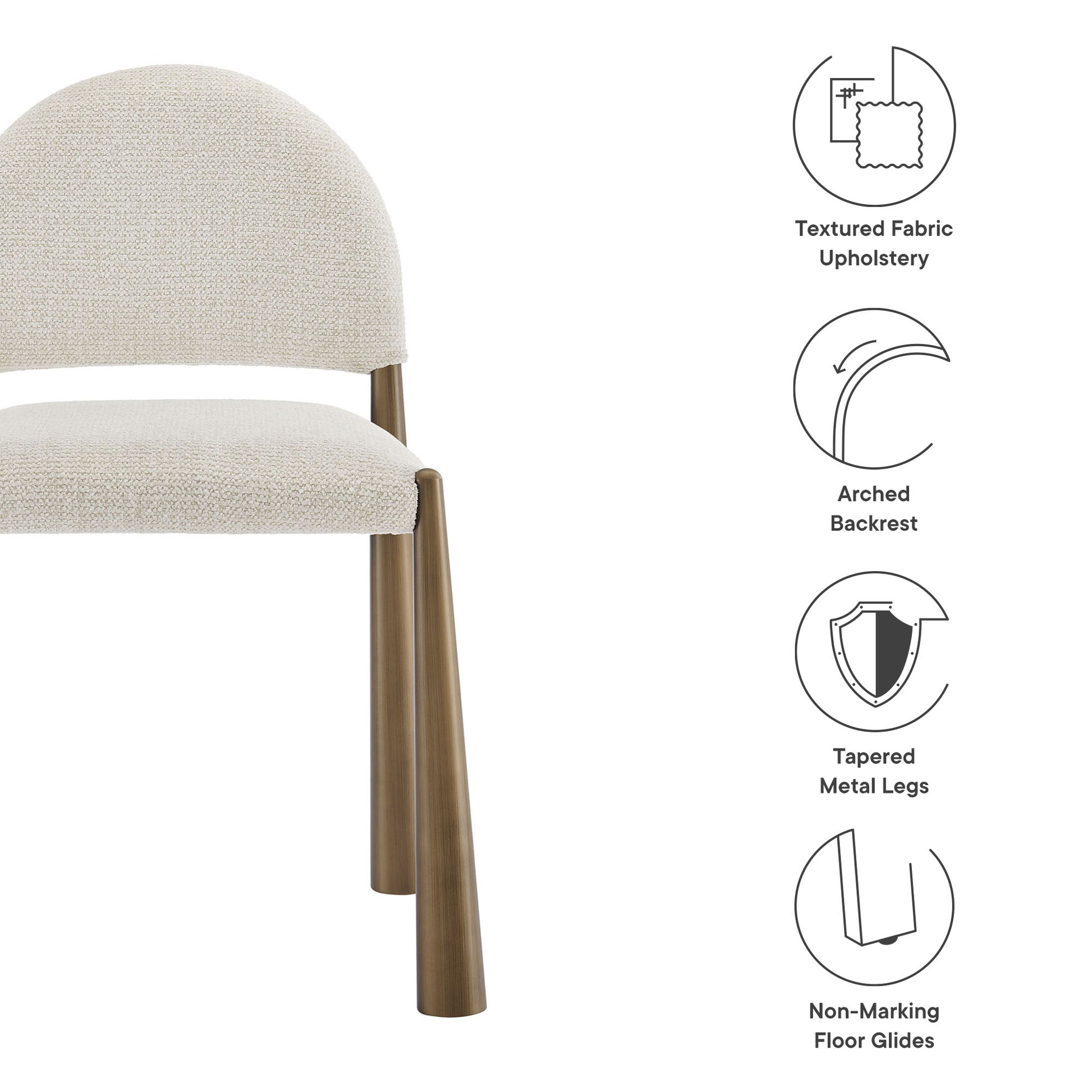 Cream textured fabric upholstered dining side chair with an arched back, brass-toned tapered metal legs, non-marking floor glides.