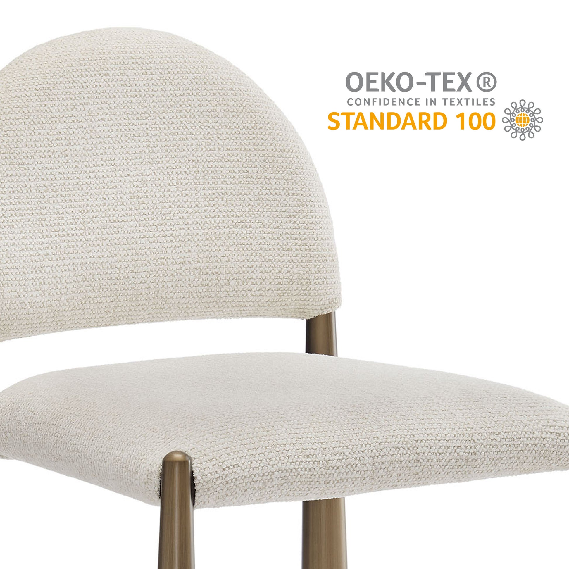 White boucle upholstered dining side chair with rounded back and cushioned seat on bronze-gold metal legs; OEKO-TEX Standard 100 label.