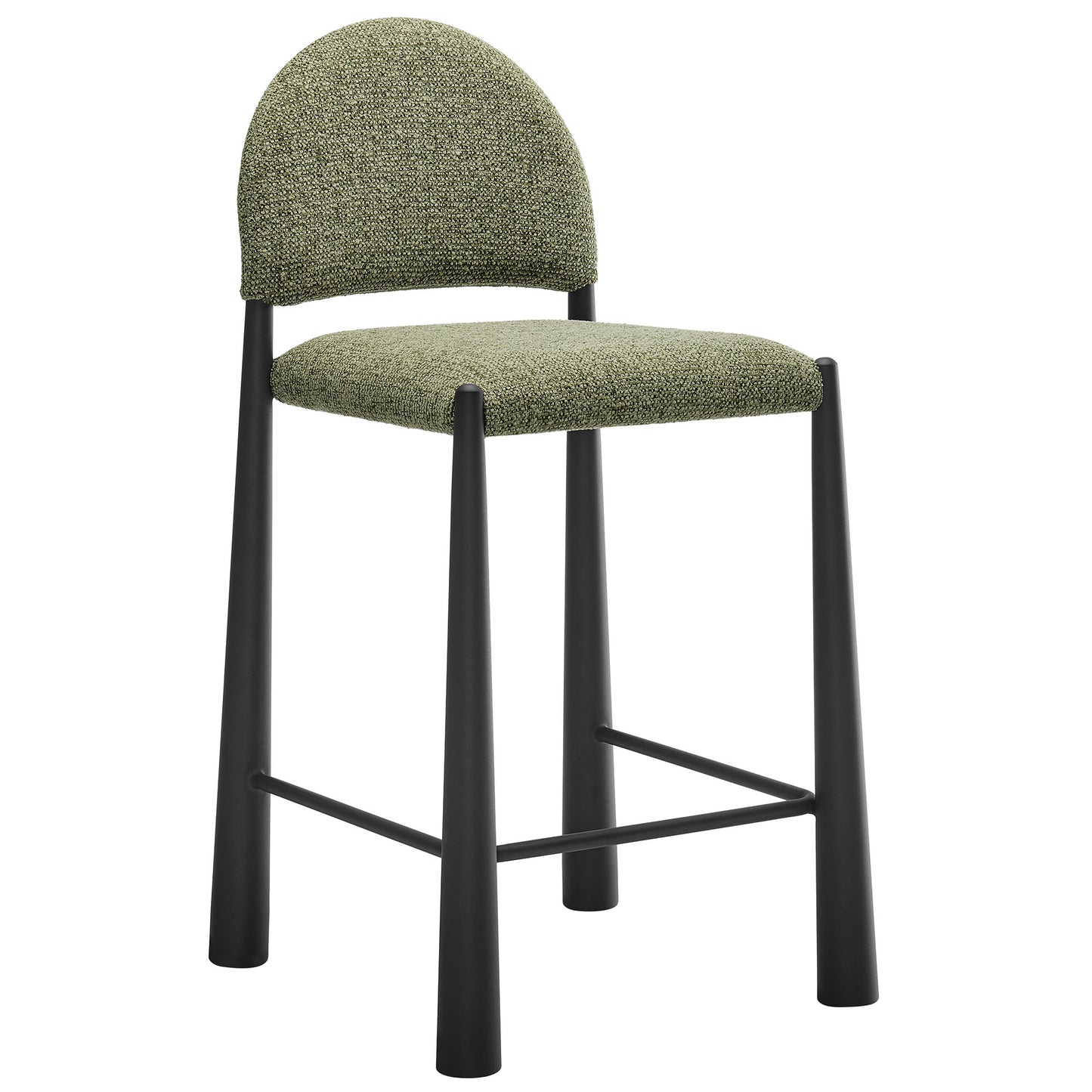 Olive green upholstered counter stool with rounded back, black metal legs and footrest.