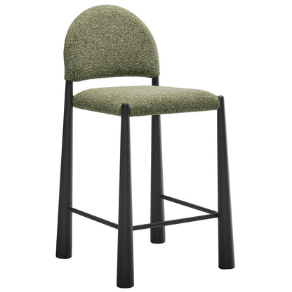 Olive green upholstered counter stool with rounded back, black metal legs and footrest.