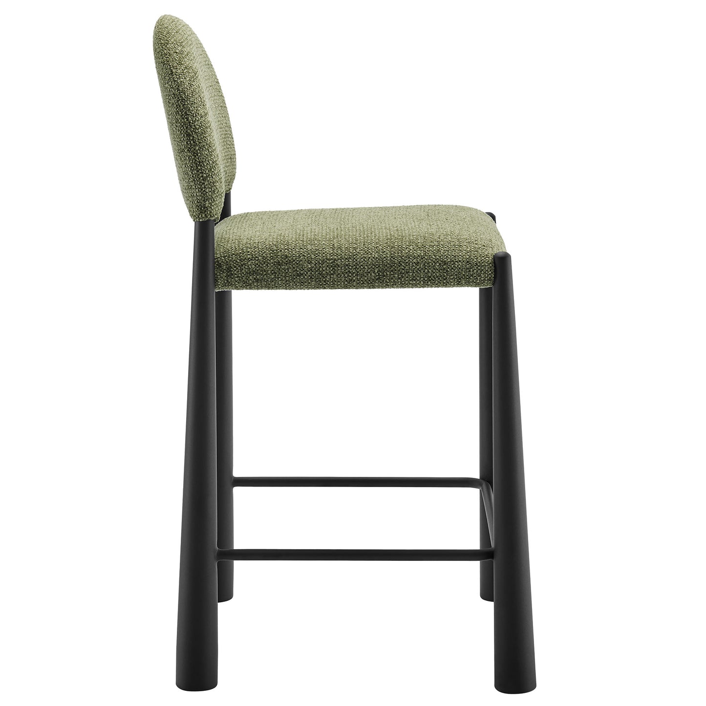 Olive green upholstered counter stool with black metal legs, curved backrest and footrest.