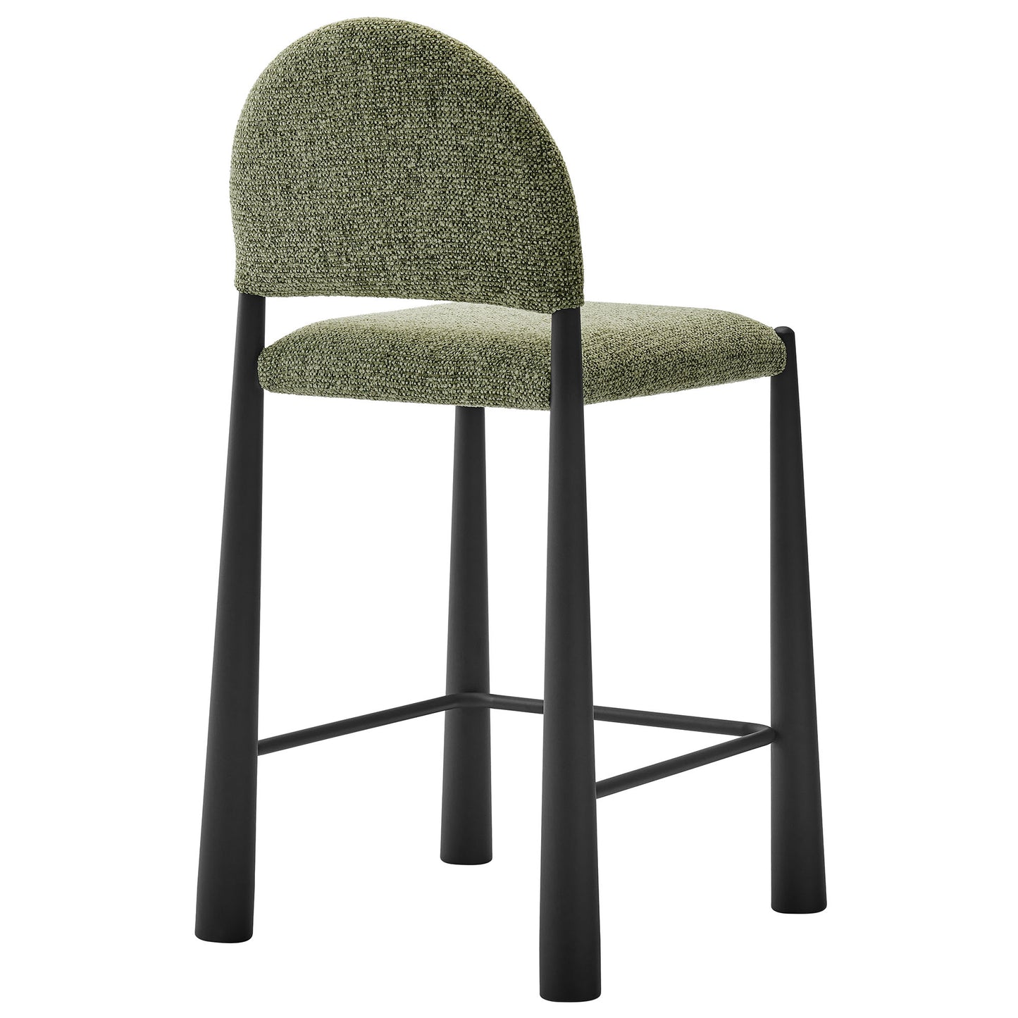 Olive green textured upholstered fabric counter stool with curved back, black metal legs and footrest.
