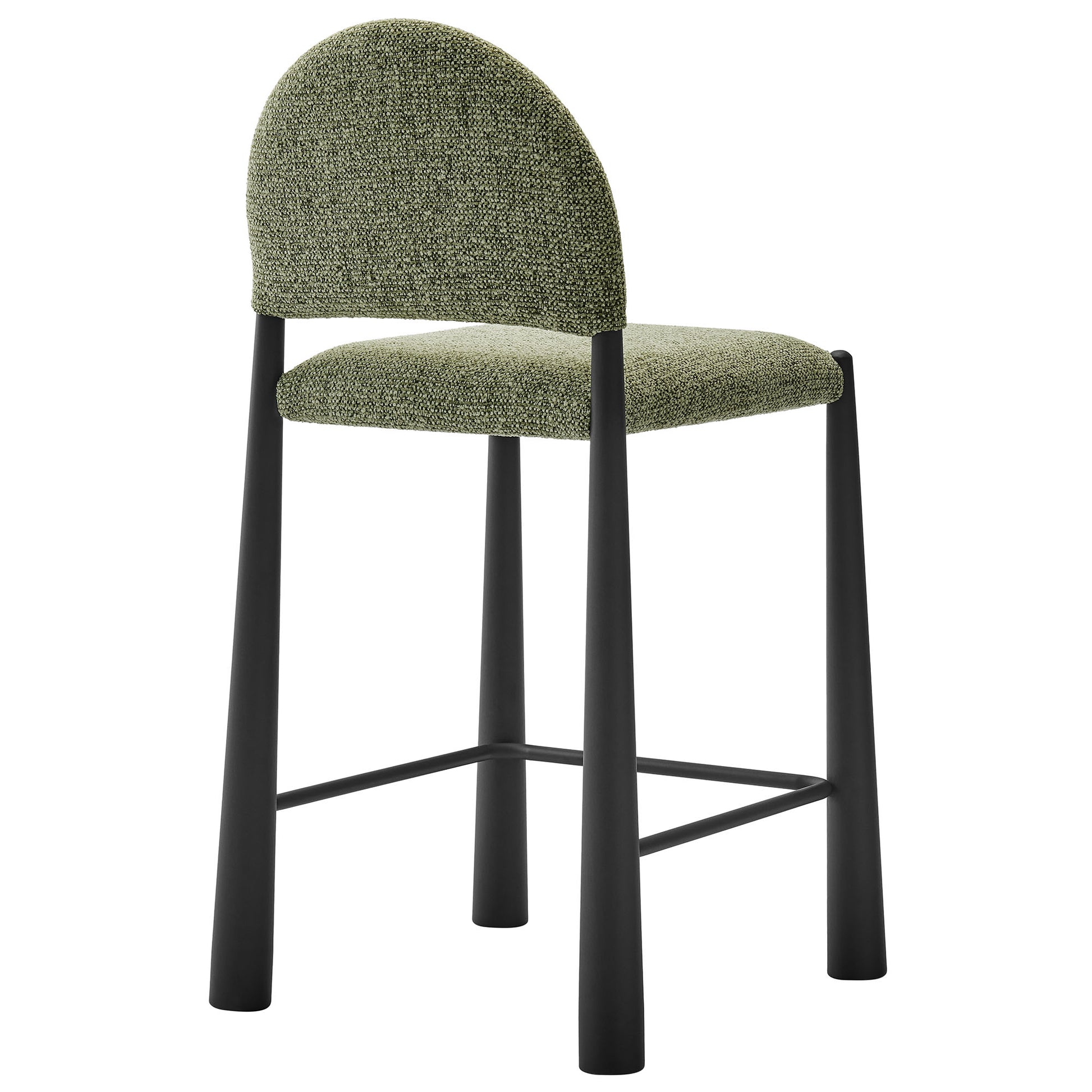 Olive green textured upholstered fabric counter stool with curved back, black metal legs and footrest.