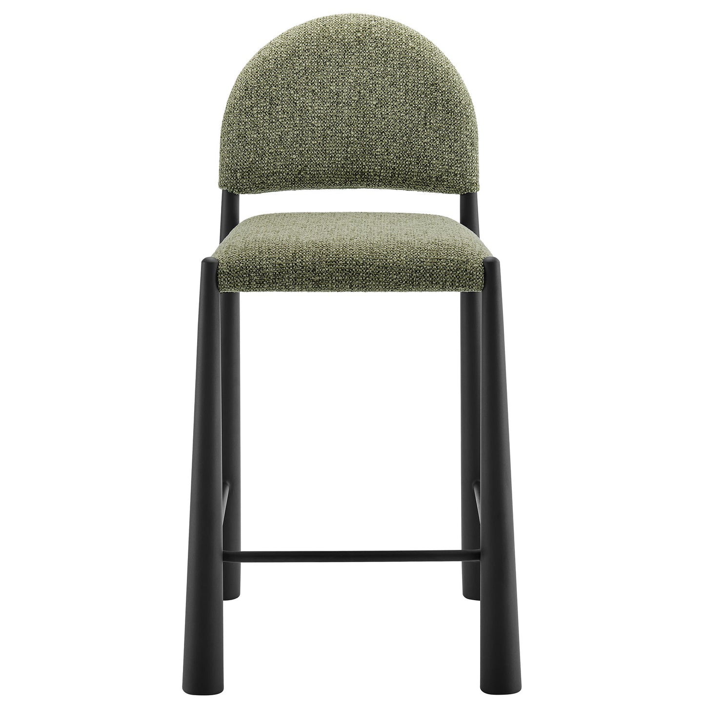 Green tweed upholstered counter stool with rounded back, matching seat, and black metal legs with footrest.