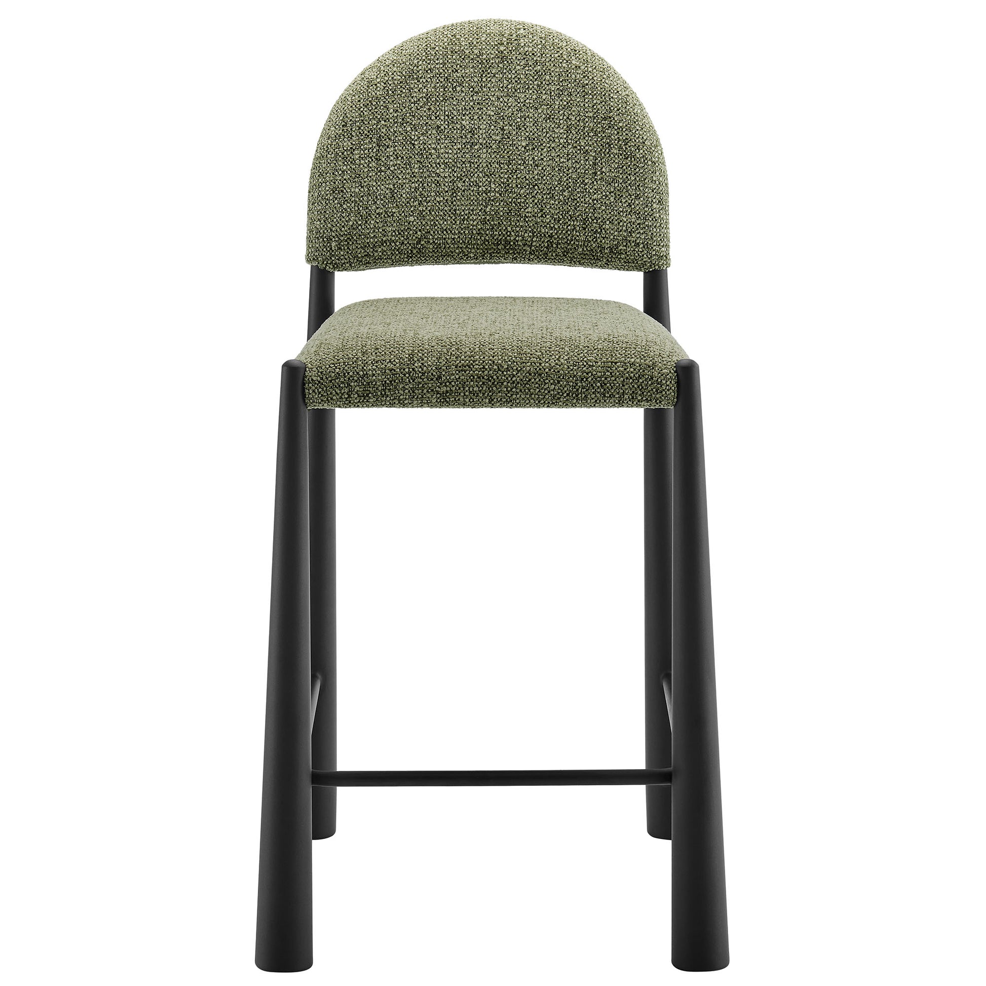 Green tweed upholstered counter stool with rounded back, matching seat, and black metal legs with footrest.