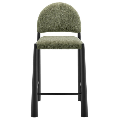 Green tweed upholstered counter stool with rounded back, matching seat, and black metal legs with footrest.