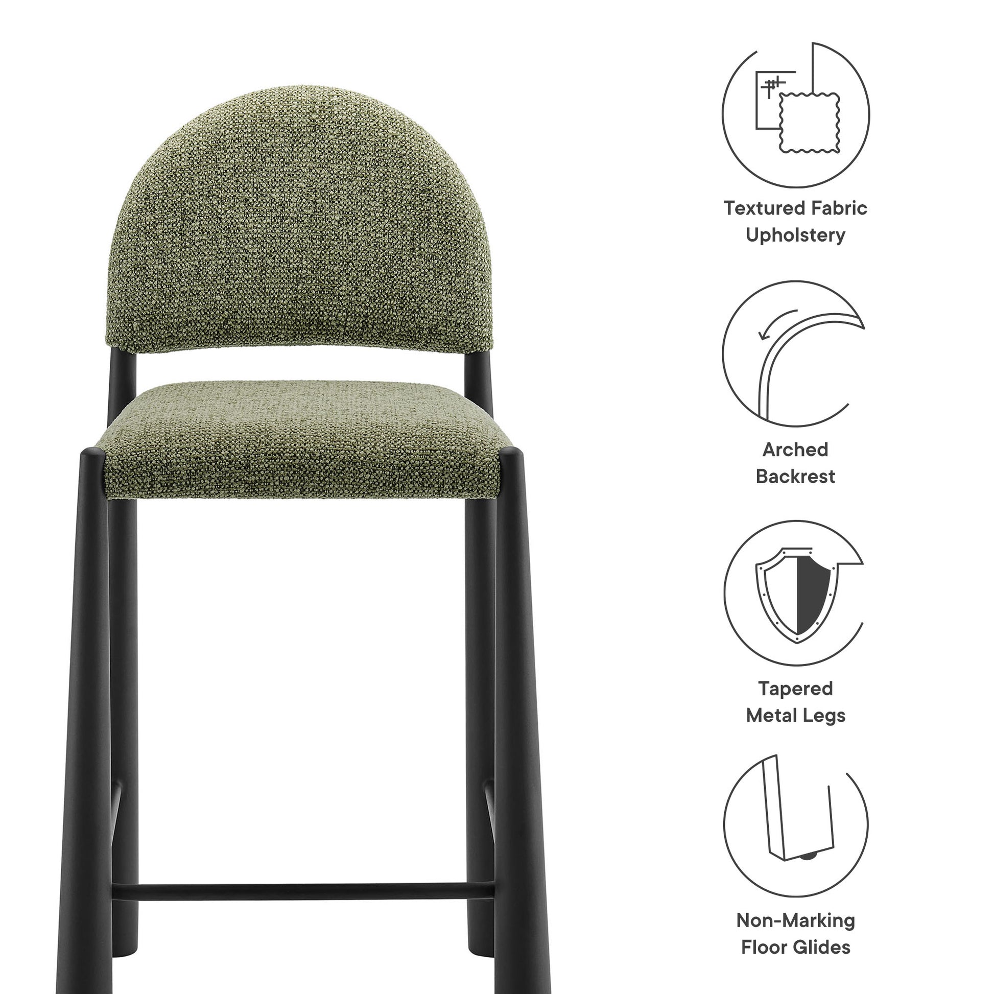 Green textured fabric upholstered counter stool with arched back & black tapered metal legs, non-marking floor glides.