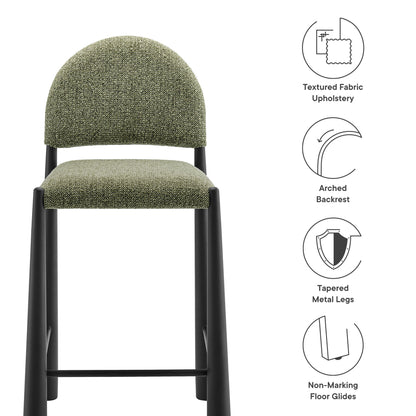 Green textured fabric upholstered counter stool with arched back & black tapered metal legs, non-marking floor glides.