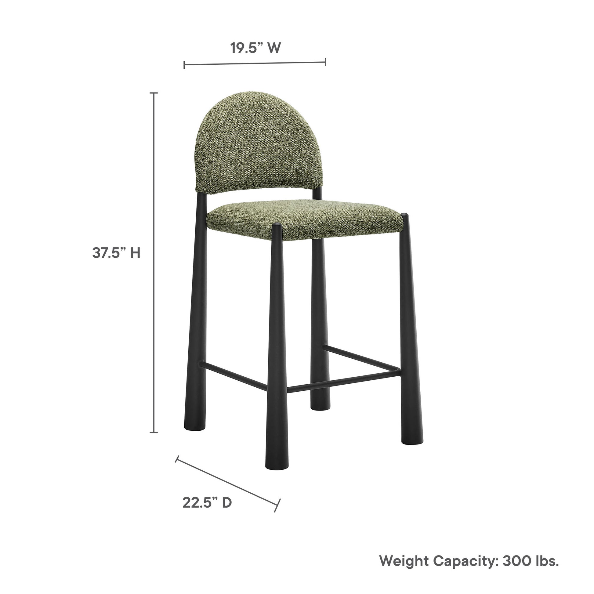 Olive-green upholstered counter stool with black tapered legs and footrest, modern industrial design.