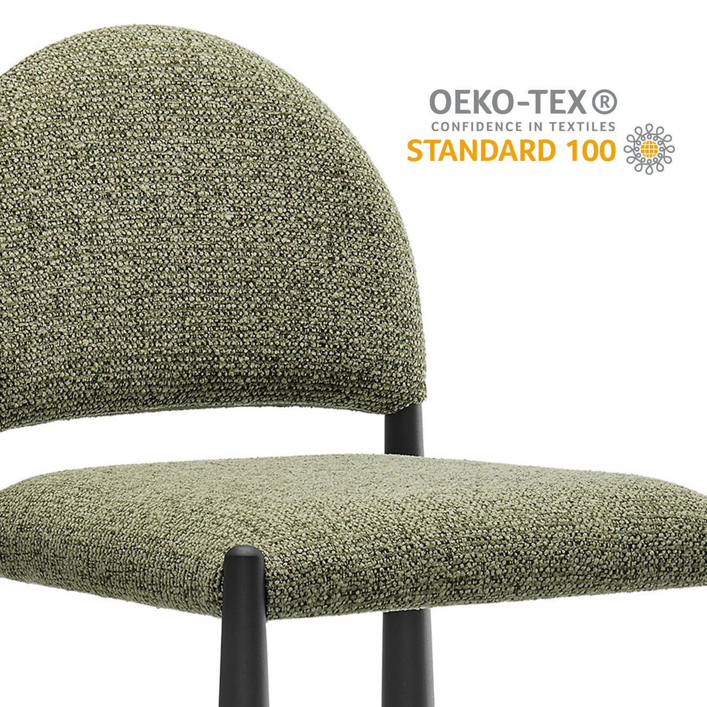 Olive green boucle counter stool with rounded back and cushioned seat on slim black legs, OEKO-TEX Standard 100 badge.