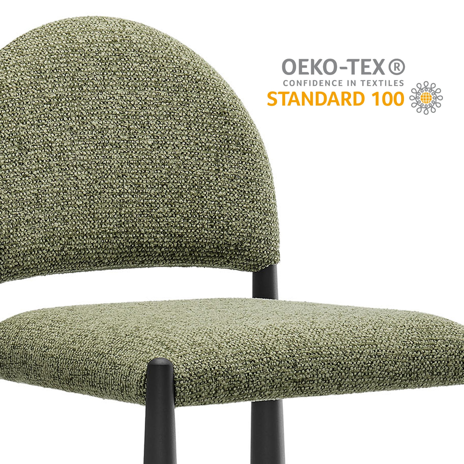 Olive green boucle counter stool with rounded back and cushioned seat on slim black legs, OEKO-TEX Standard 100 badge.