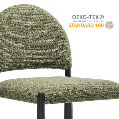 Olive green boucle counter stool with rounded back and cushioned seat on slim black legs, OEKO-TEX Standard 100 badge.