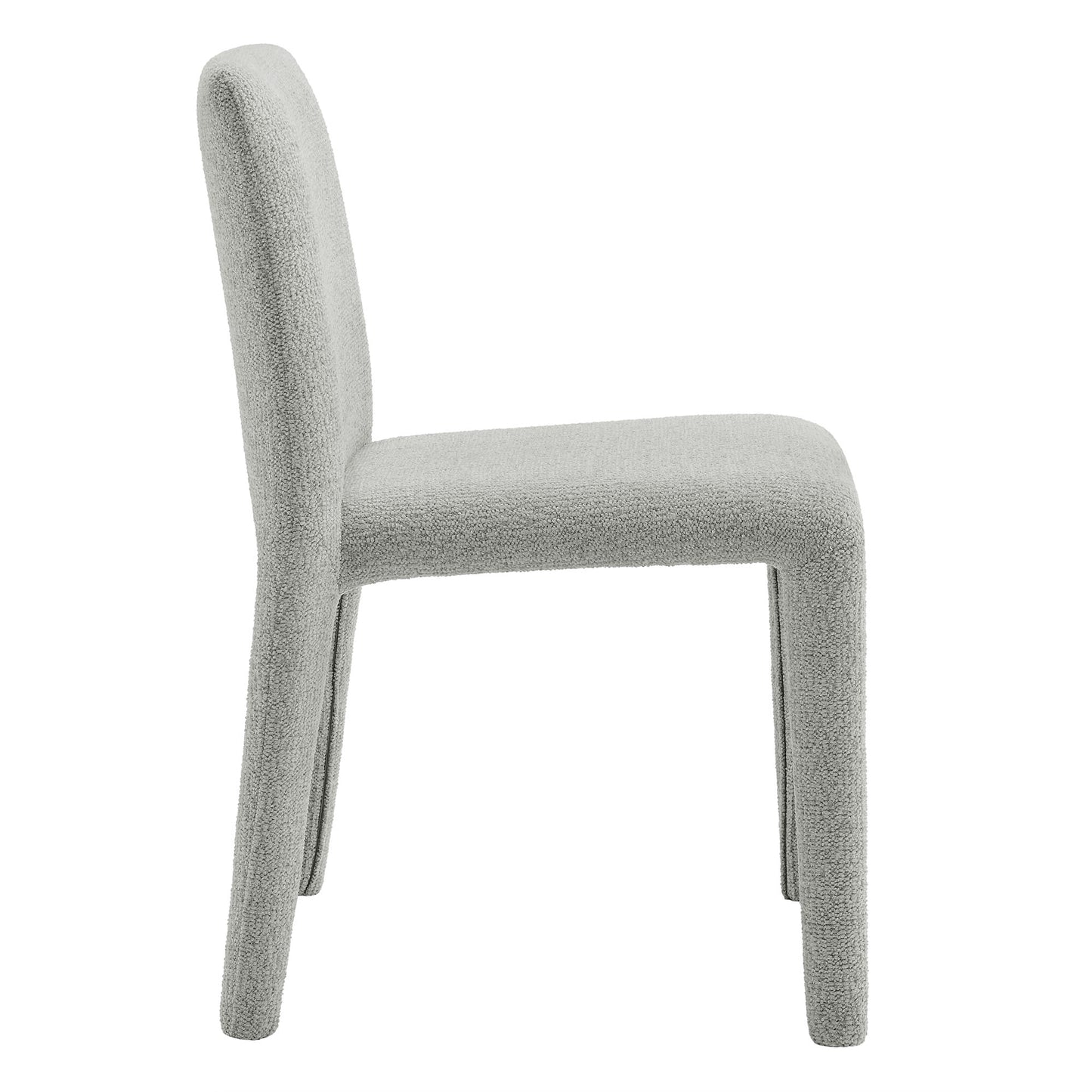 Dove gray boucle upholstered dining chair with tall curved back and rounded legs, side view.