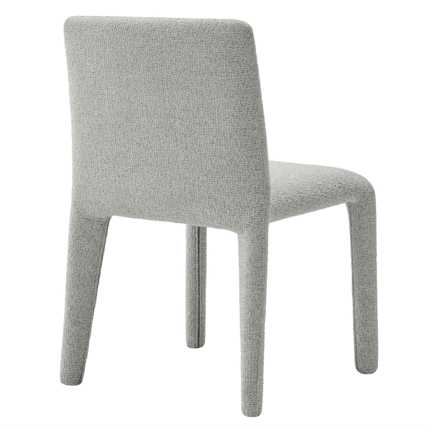 Dove gray upholstered dining chair with curved back, cushioned seat, and tapered legs.