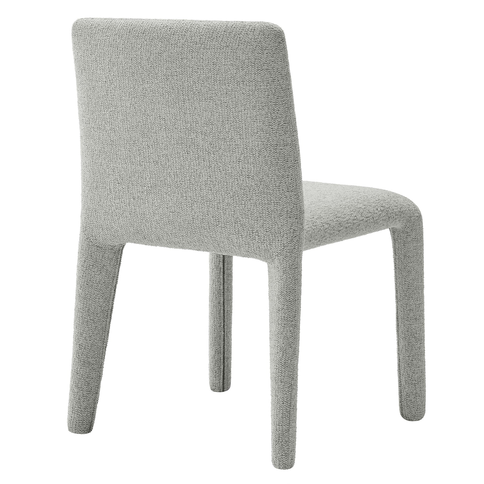 Dove gray upholstered dining chair with curved back, cushioned seat, and tapered legs.
