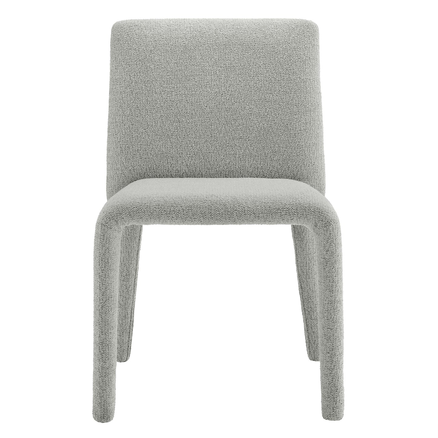 Light dove gray boucle upholstered dining chair with rounded back and integrated curved legs, modern minimalist design.