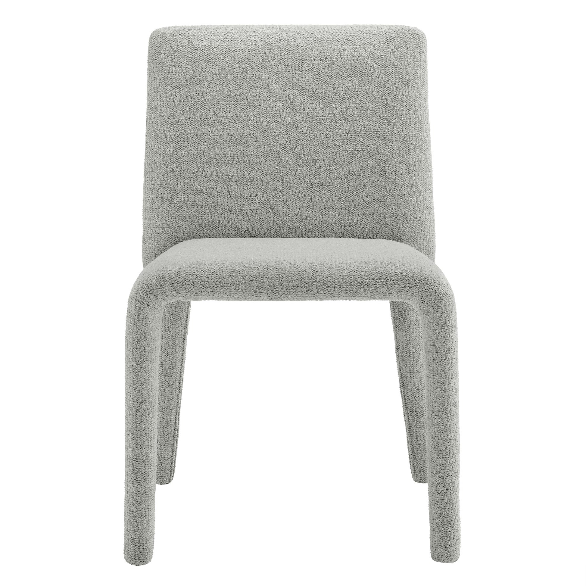 Light dove gray boucle upholstered dining chair with rounded back and integrated curved legs, modern minimalist design.