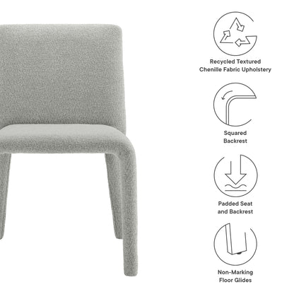 Light gray chenille upholstered dining chair with squared back, padded seat and back, non-marking floor glides; modern style.