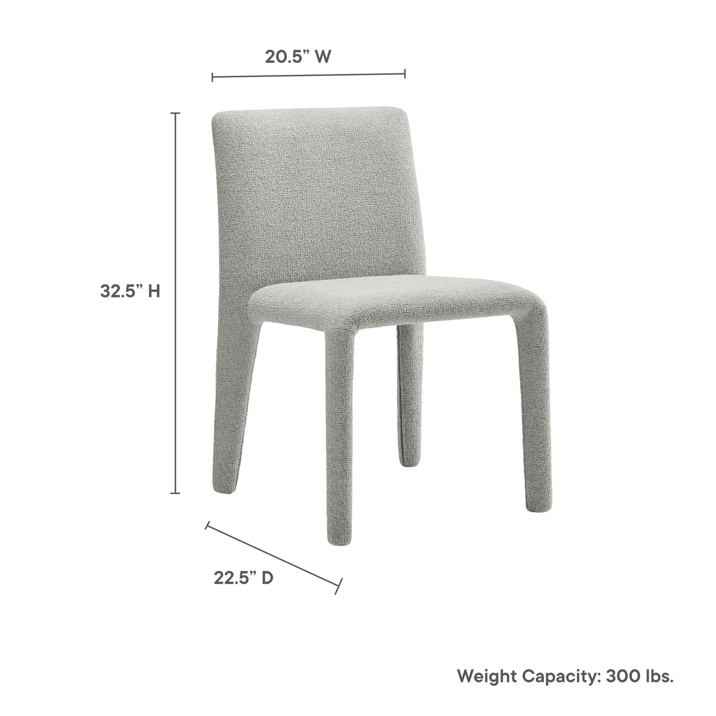 Light gray fabric upholstered dining chair with rounded back and tapered legs; 32.5"H x 20.5"W x 22.5"D, modern style.