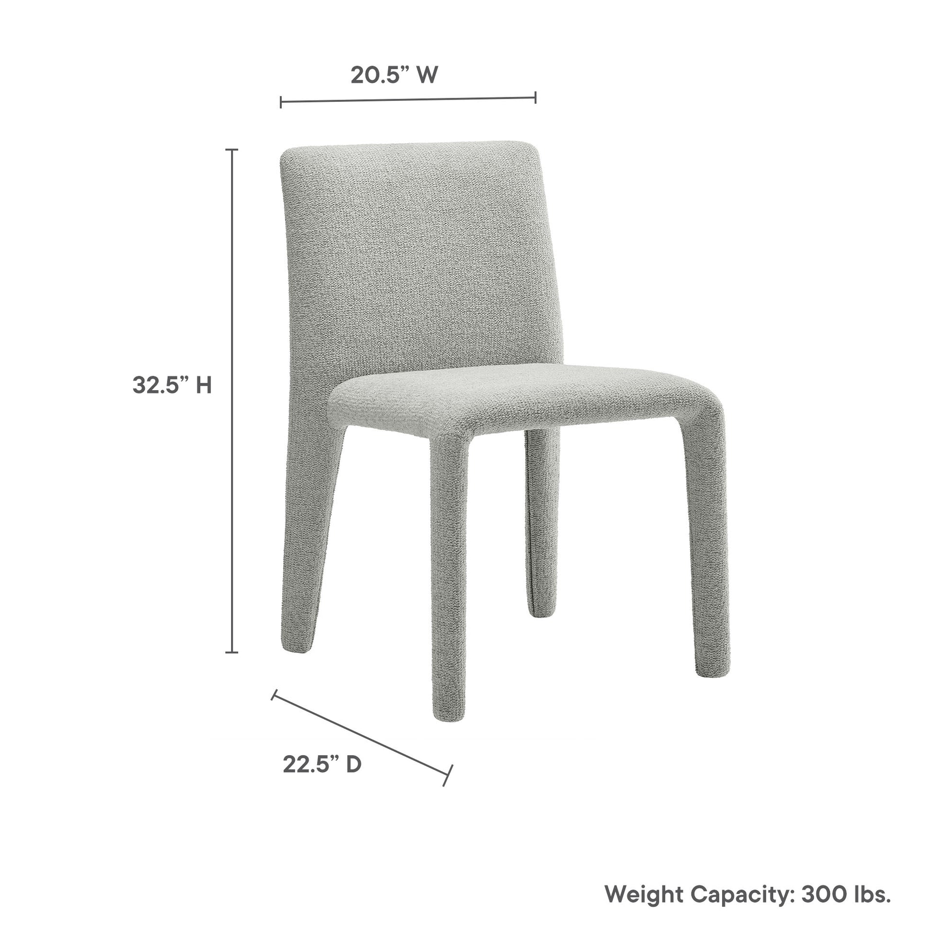 Light gray fabric upholstered dining chair with rounded back and tapered legs; 32.5"H x 20.5"W x 22.5"D, modern style.